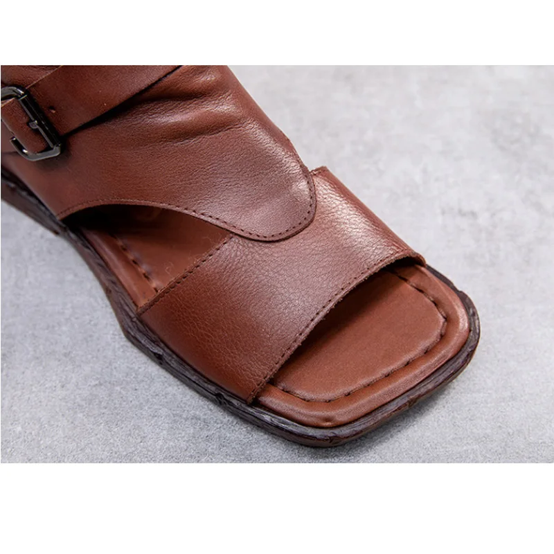 Spring 2021 new leather vintage handmade open-toe side zipper flat flat boots and sandals for women