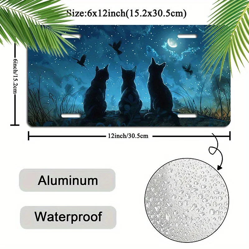 Waterproof Aluminum Plate -UV Ink Printed Cat Stargazing Design, Anti-Fade Front Car Label for Vehicle Decoration - Single Piece