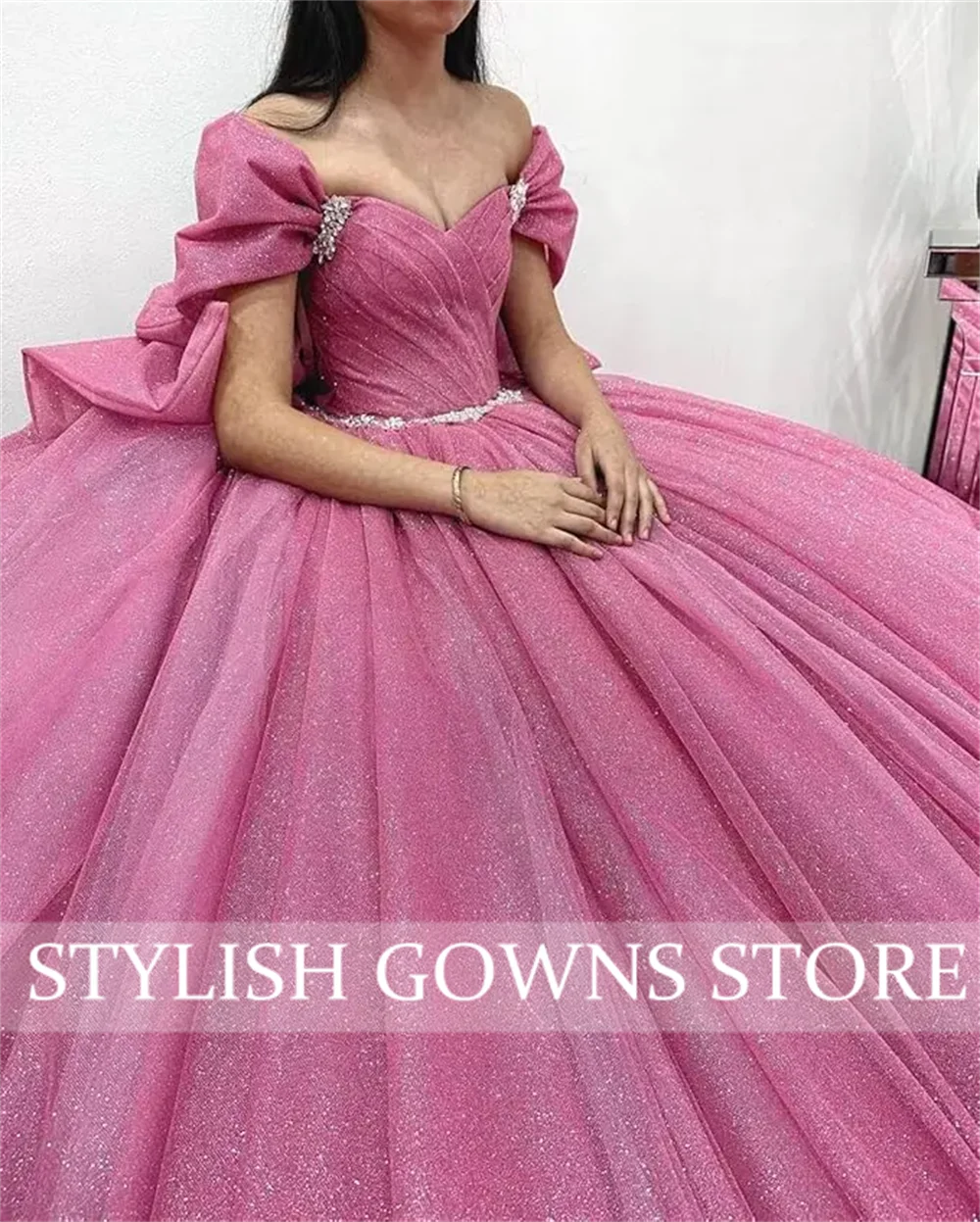 Puffy quinceanera vestido de baile com arco contas cristais miçangas pageant doce 15 festa em camadas plissado personalizado