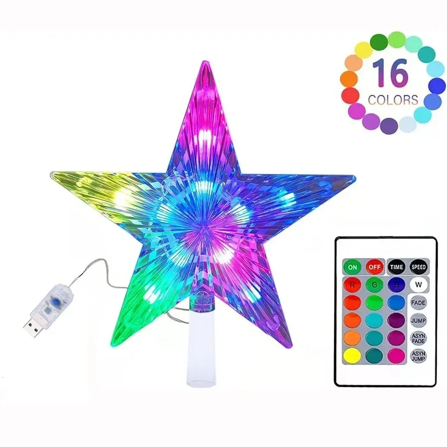 2025 dekoracja noworoczna girlanda lampki świąteczne zasilane przez USB 22CM RGB LED pięcioramienna gwiazda choinka górne światła z pilotem