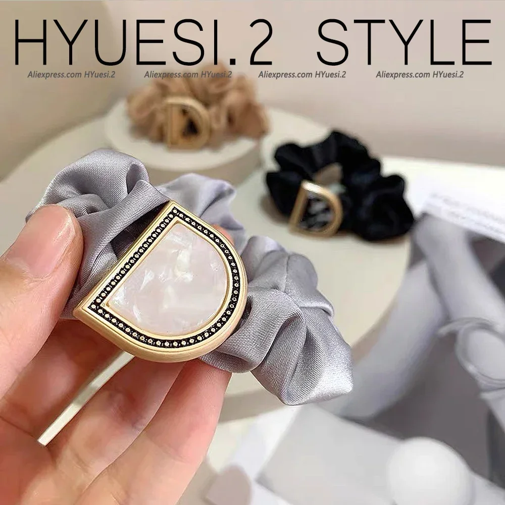 Retro Tortoiseshell Letter D Pendant Hair Ropes Solid Color Satin Scrunchies Women Girls Simple Head Ties Party Headress