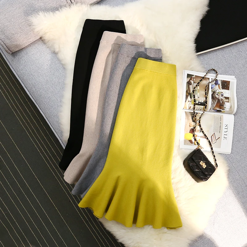 

Knitted Flared Mermaid Skirt Autumn Winter Thick Warm Tight Bodycon Midi Long Skirt Women
