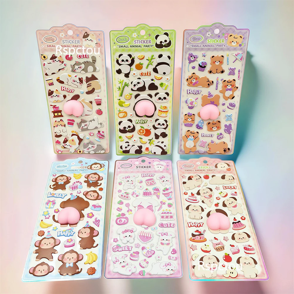 

6pcs Kawaii Cartoon Animal Series Soft Butt Decompress Stickers Cute Cat Dog Rabbit Bubble Sticker Phone Laptop Decoration Decal