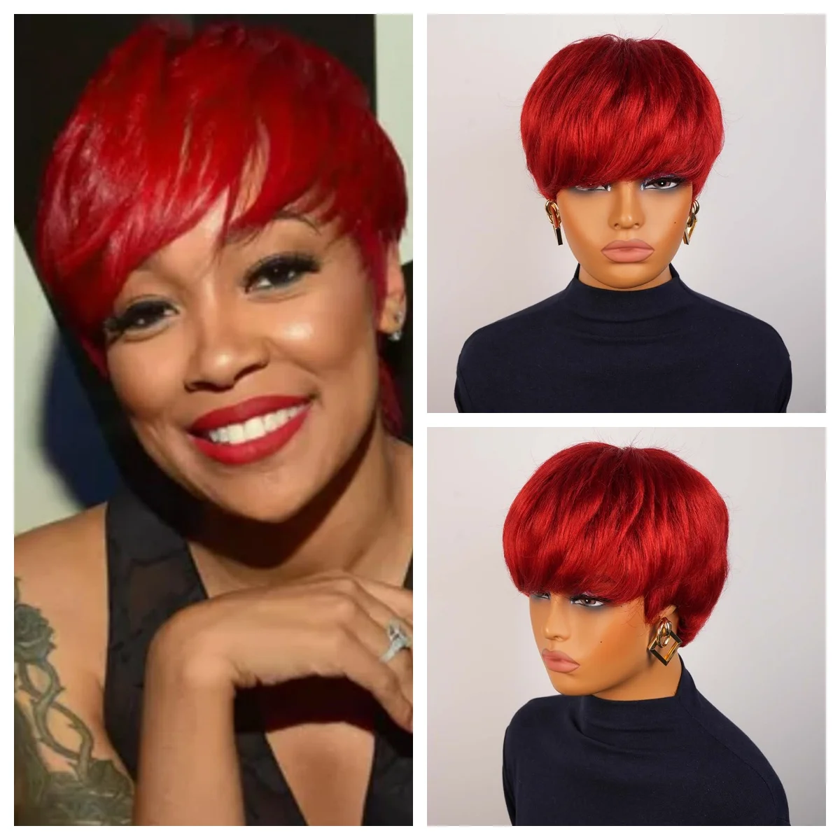 Parrucche corte per capelli umani rossi per donne nere Parrucca taglio pixie con frangia Parrucche per capelli umani Remy fatte a macchina per l'uso quotidiano