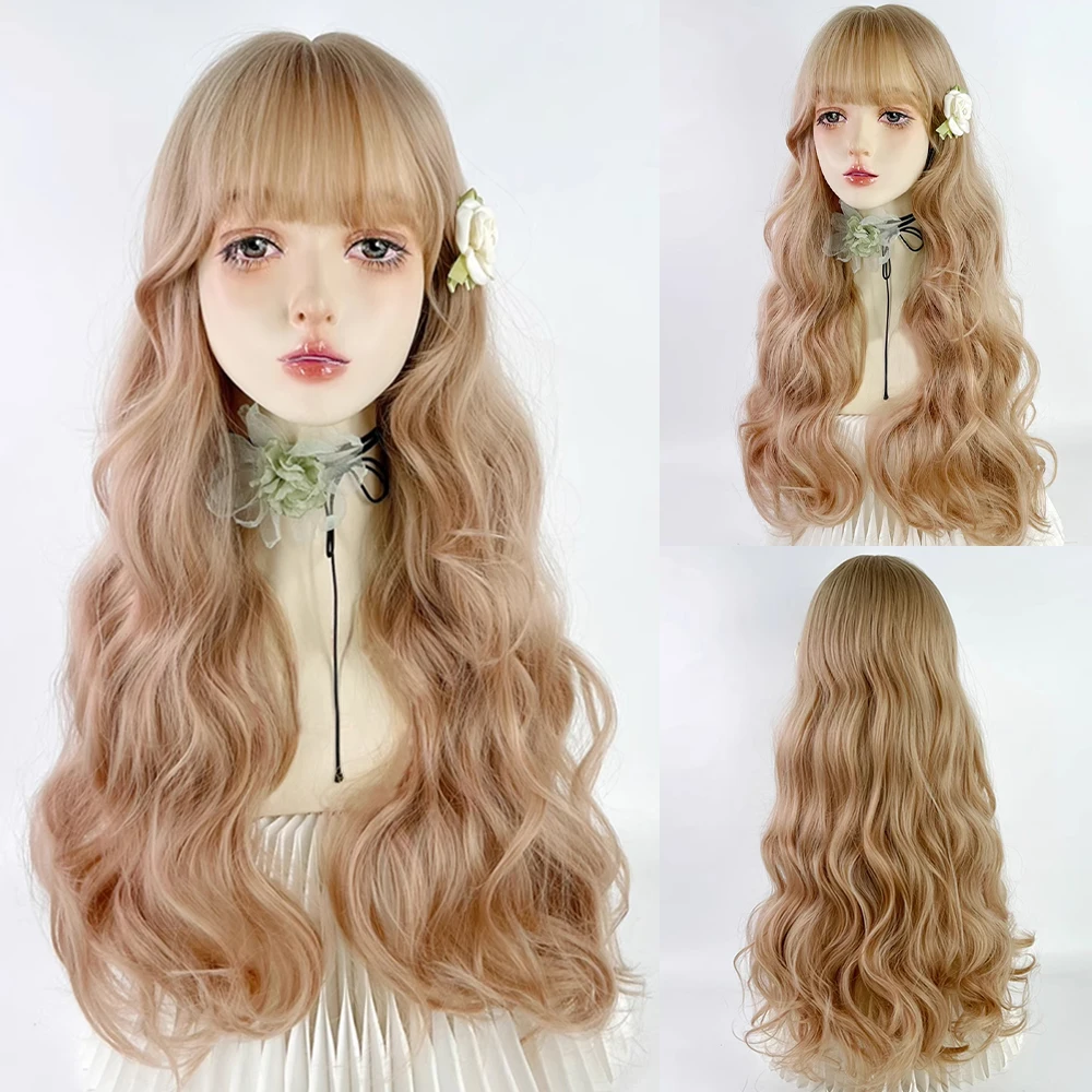 

GAKA Blonde Synthetic Long Wavy Women Wig with Bangs Fluffy Lolita Cosplay Hair Heat Resistant Wig for Daily Party