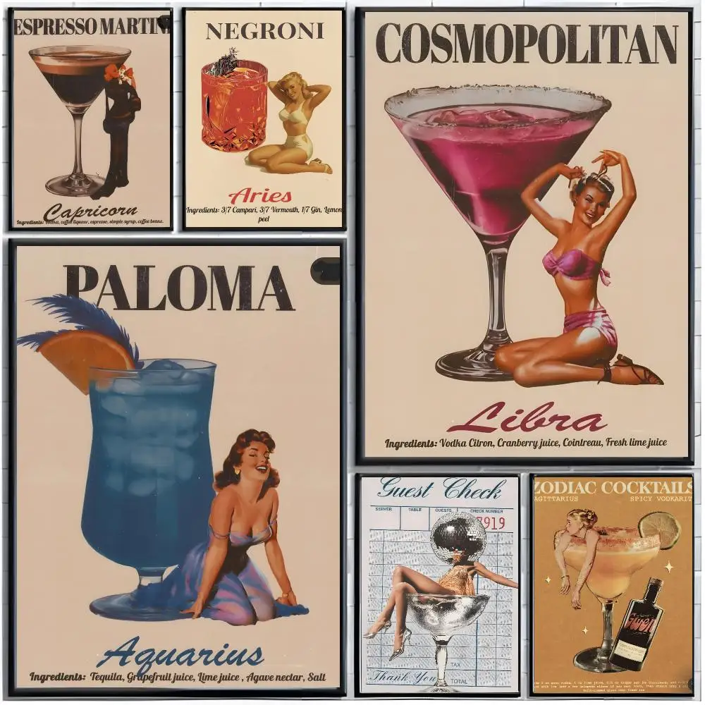 retro art poster R-Retro Pinup Cocktails Wall Art Poster Modern Wall Art Home Decor Living Room Decorative Print Unframed