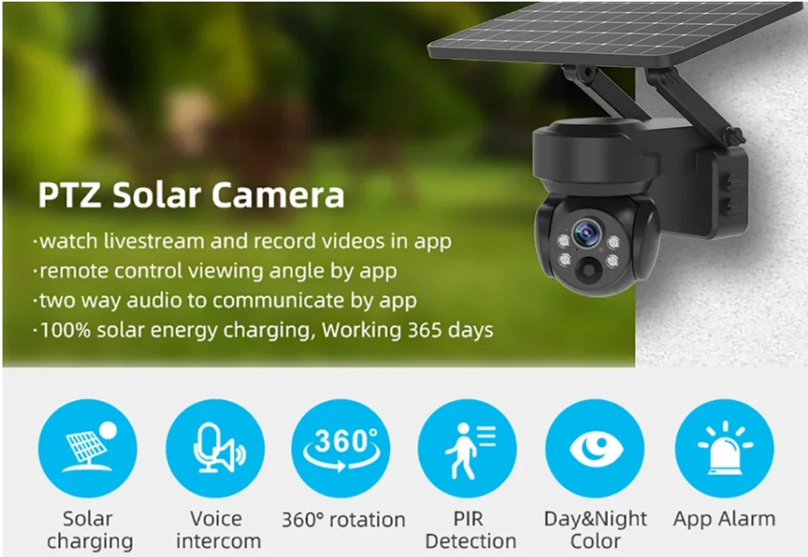 1080MP Solar Wireless PTZ Security Camera Built-in Battery 6W Solar Panel Micro SD Card PIR Detetion Voice Intercom APP Alarm
