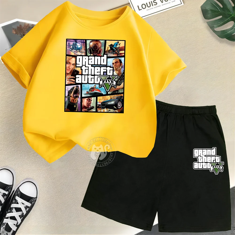 Grand Theft Auto GTA 5 Children\'s Short Sleeve Set Boys Girl Round Neck T-shirt+shorts Leisure Cotton Summer fashion Clothing