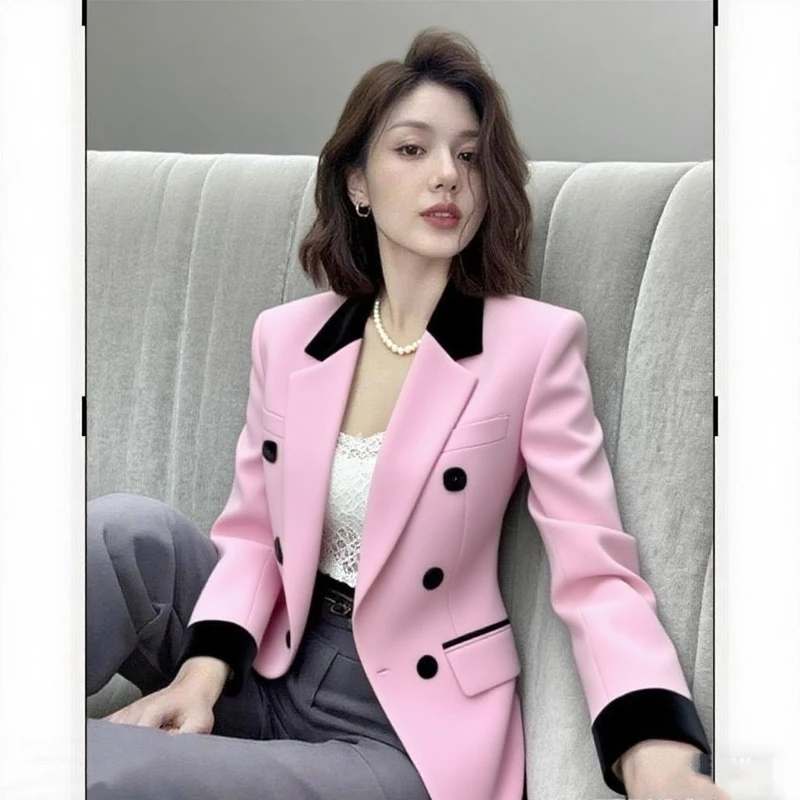 سترة نسائية وردية بقصة ضيقة سترة رسمية للعمل المكتبي مع جيوب سترة قصيرة فاخرة للسيدات 2026