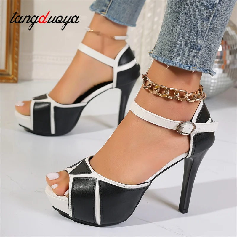 New 2024 Summer Black Chunky Heel Stiletto Open Toe Waterproof Platform Buckle High Heel Women\'s Sandals White Shoes