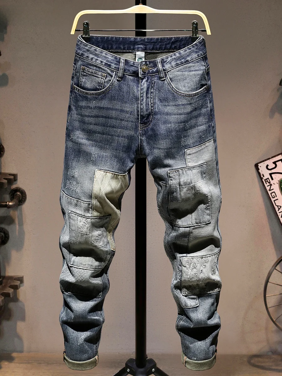 

Модные джинсы с лоскутным узором, облегающие, мужские, весенне-осенние, трендовые, молодежные, высококачественные, длинные брюки из хлопка, стрейч-деним