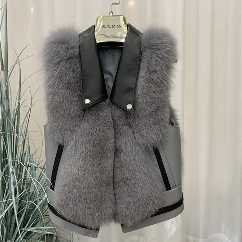 2023 Women Autumn Winter New Faux Fox Fur Vest Coat Female Lapel Sleeveless Jackets Ladies Slim Fit Imitation Fur Waistcoat Y465