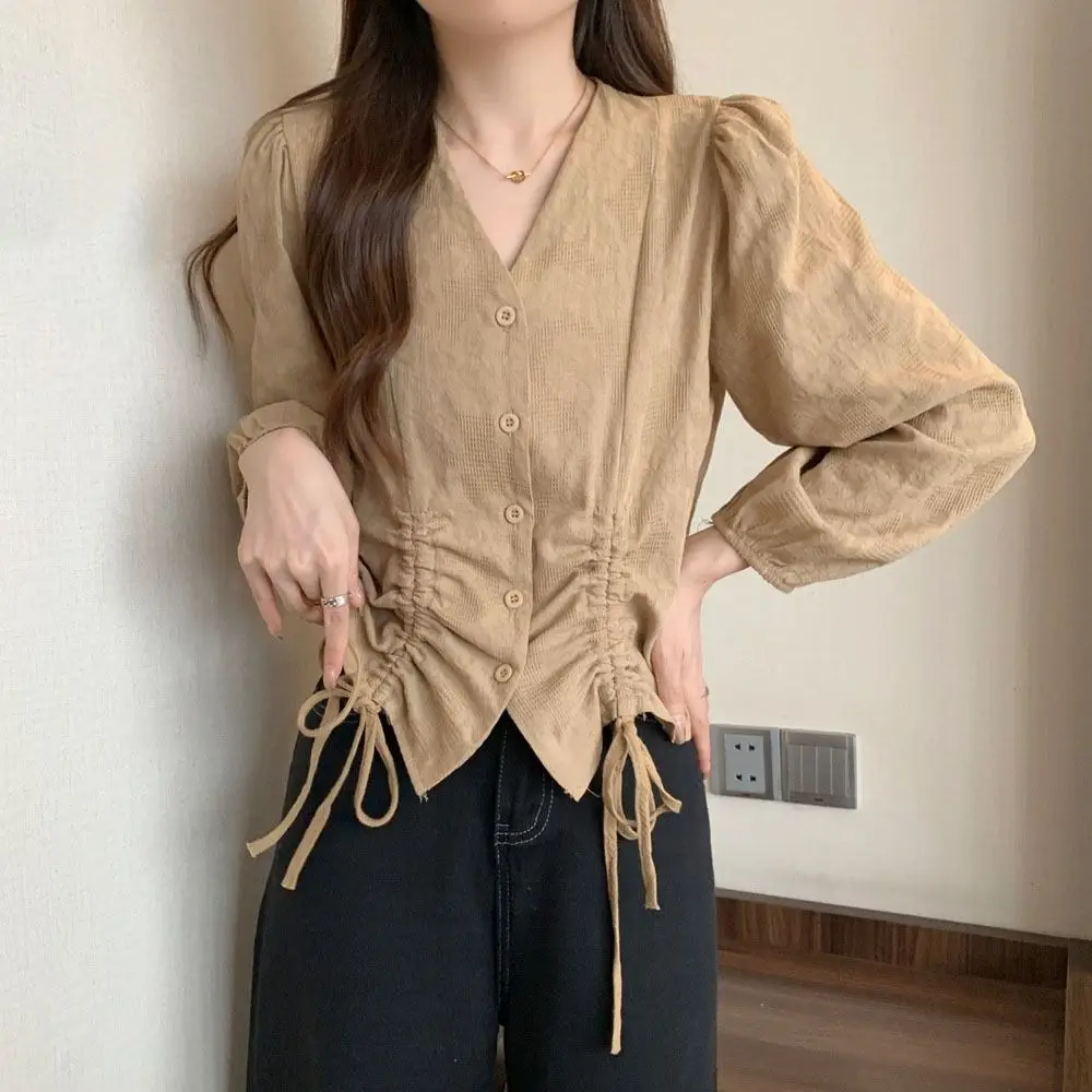 

Sweet V-neck Lace-up Drawstring Blouse Loose Irregular Long Sleeve Shirts Retro Autumn Spring Ladies Shirt Top Girls