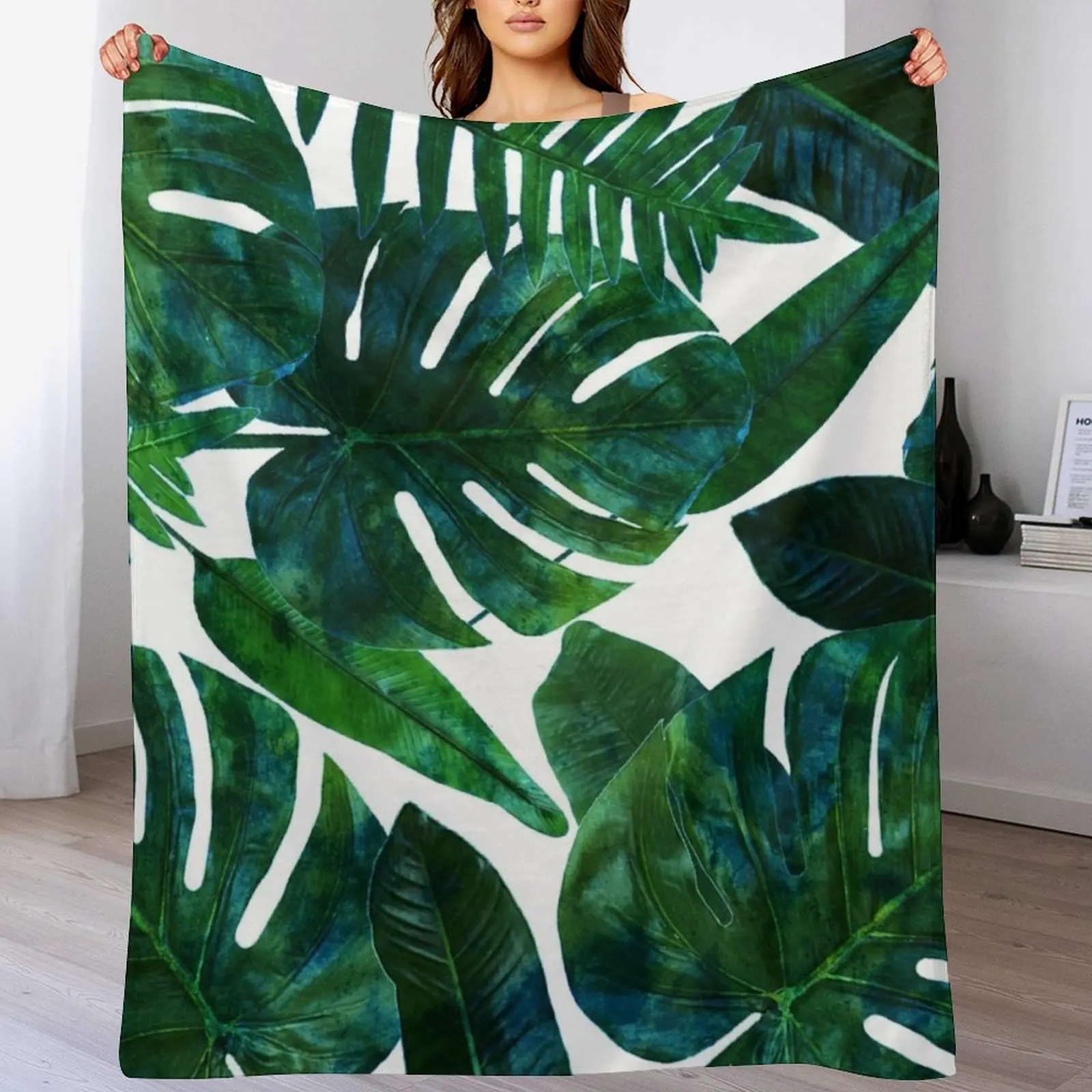 

Tropical Nature Monstera Watercolor Painting, Botanical Jungle Dark Palm Illustration Throw Blanket Designers Blankets