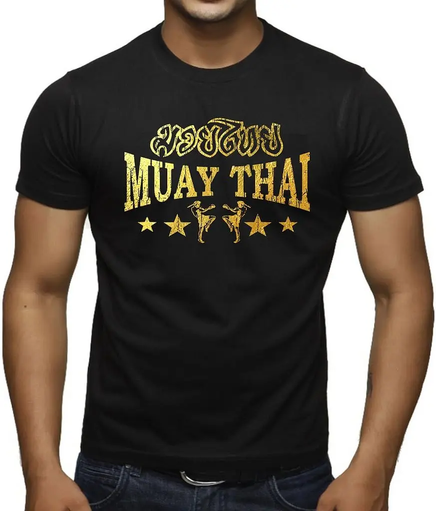 Men\'s Gold Foil Muay Thai Stars Black T-Shirt Black