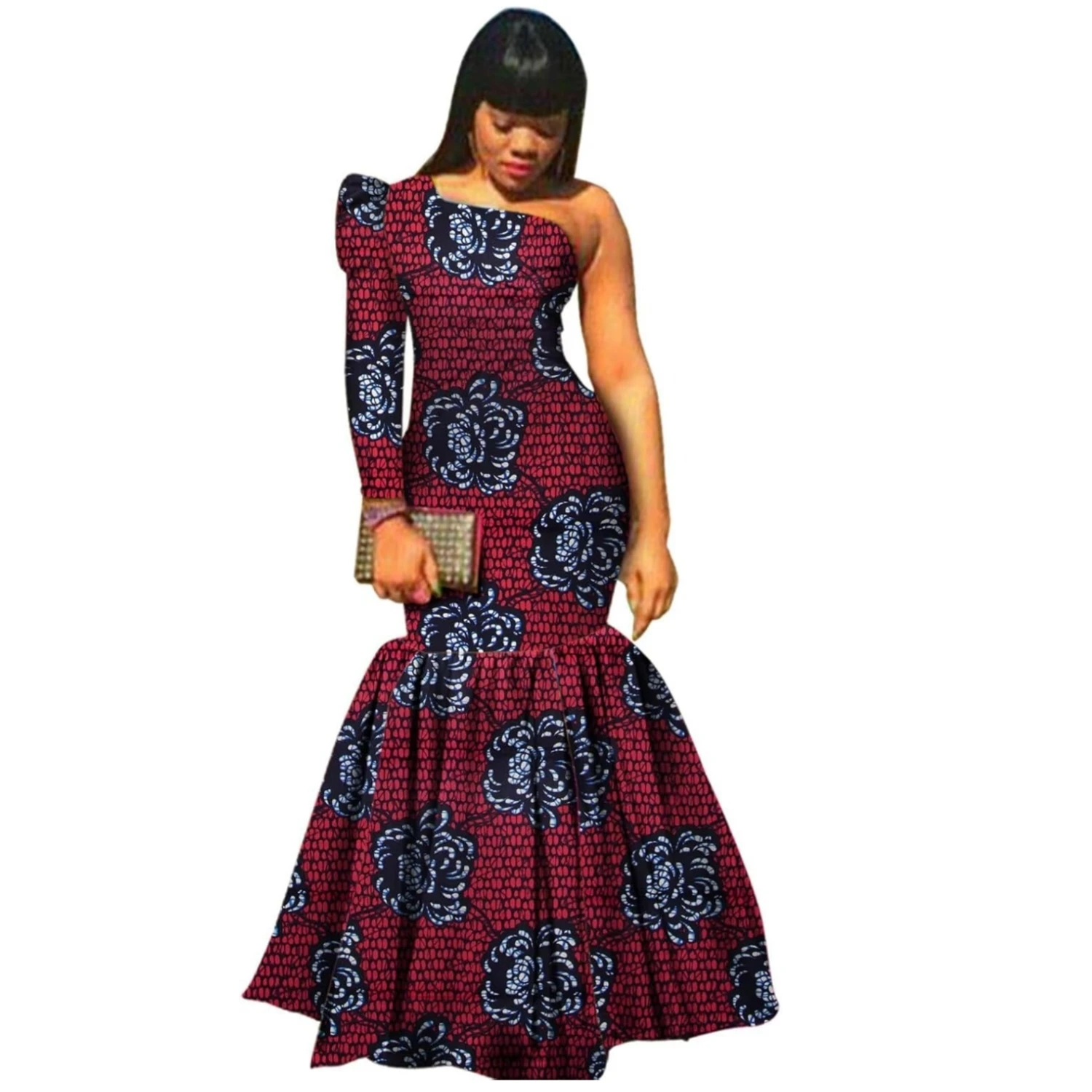 Summer Dress African Print cotton Dresses One-Shoulder Long Sleeve Mermaid Dress Maxi Dress Women WY346