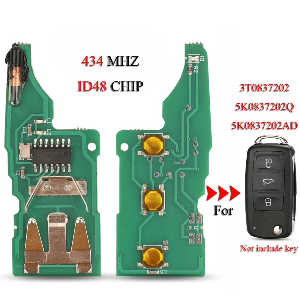 jingyuqin Remote Car Key Circuit Board For VW Beetle Caddy Eos Golf 6 Jetta Tiguan Seat Skoda Fabia 434Mhz ID48 Chip 5K0837202AD