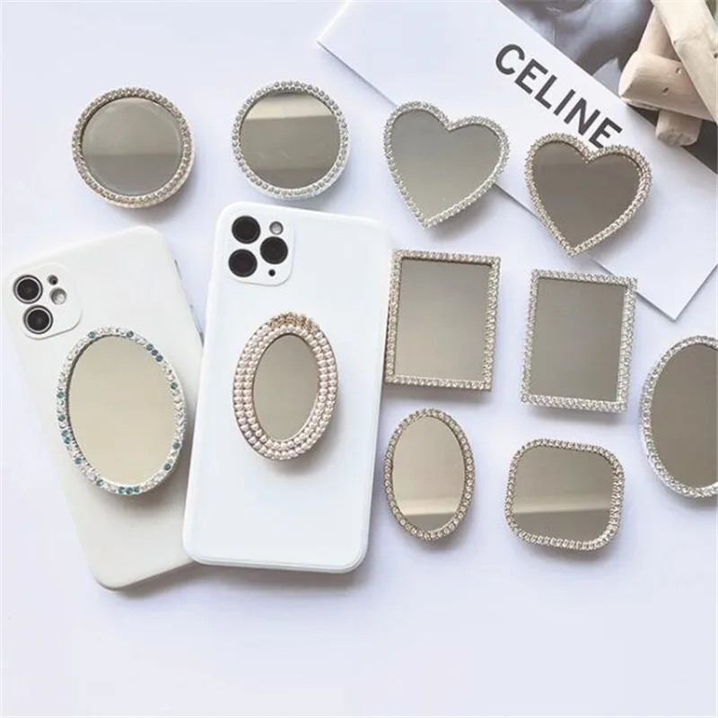 Diamond Makeup Mirror Expanding Stand Mount Phone Socket Fold Mobile Smartphones Pocket Desktop Stand Bracket Phone Stand Holder