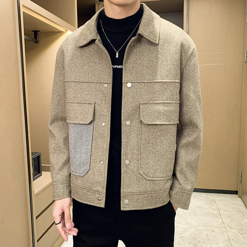 

2023 Men's Patchwork Jackets Wool Trench Coats Wool Clothing Casual Slim Fit Thicker Winter Blends High Quality Coats Z155