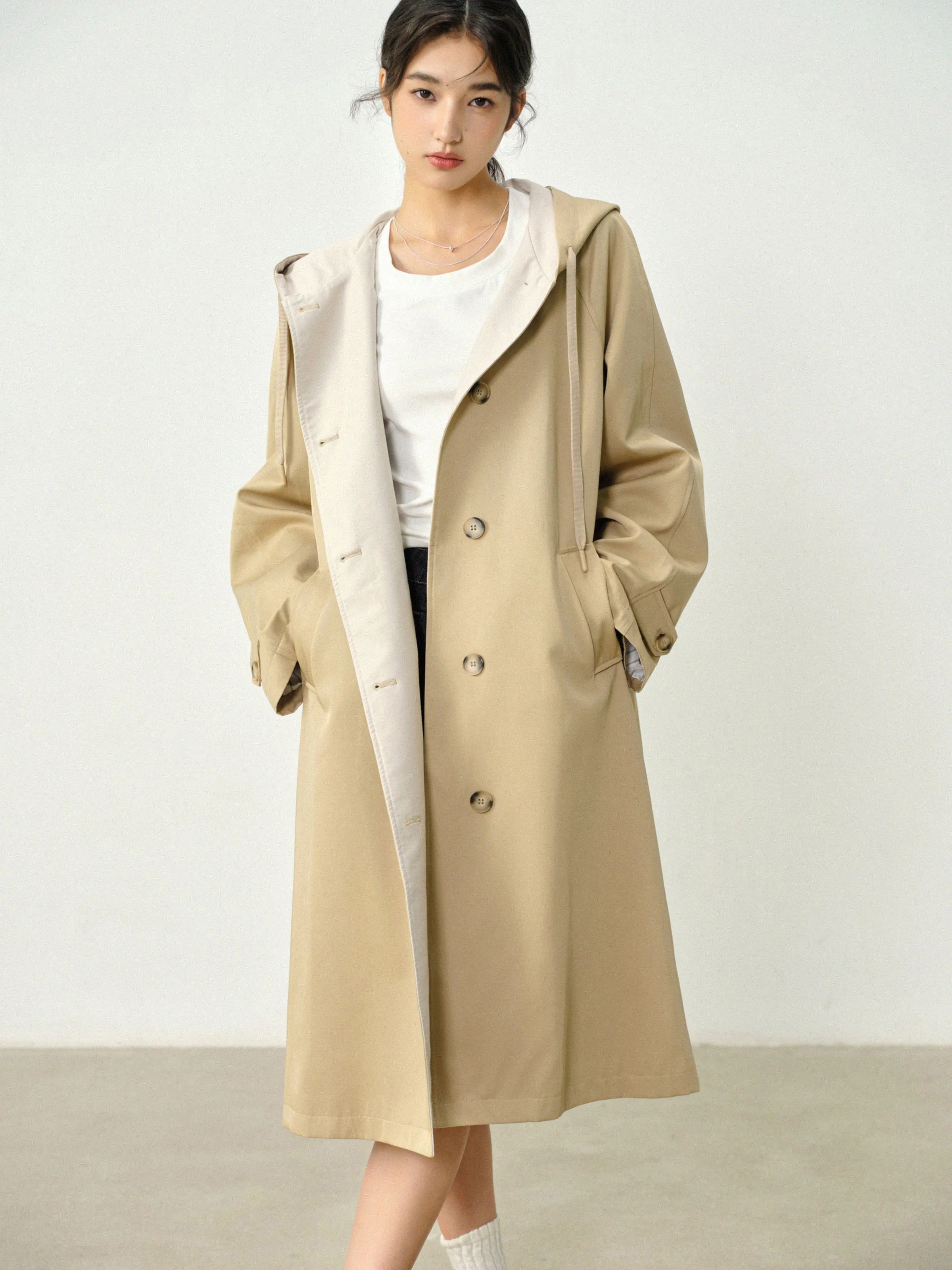 Khaki Hooded Trench Coat Women Autumn Loose Long Overcoat Elegant Casual Outwear High Waist Slimming Relaxed Fit Jacket Ladies