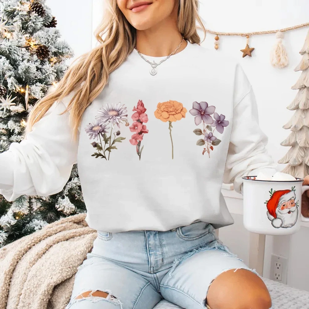 ワイルドフラワープリントスウェットシャツ植物スウェットシャツ花秋クルーネックパーカーファッション綿ルーズカジュアルトッププルオーバー