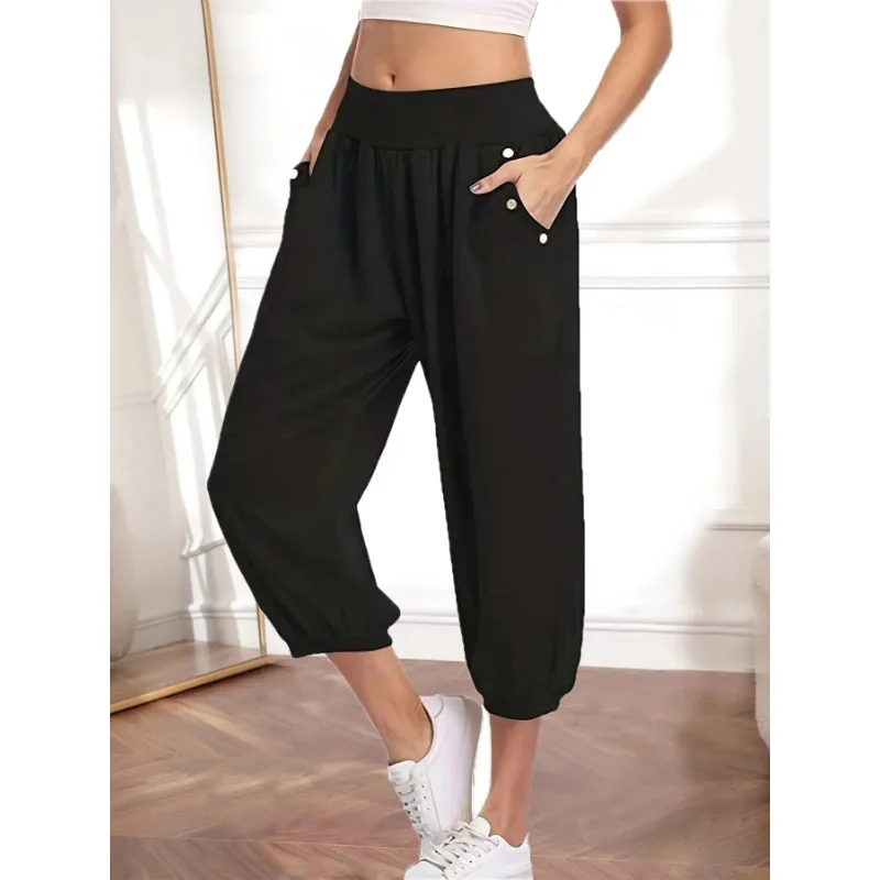 Damskie spodnie Plus-size 1XL-5XL Casual Waist Capri Pants Modne spodnie zapinane na guziki Damskie spodnie Capri z kieszeniami w jednolitym kolorze