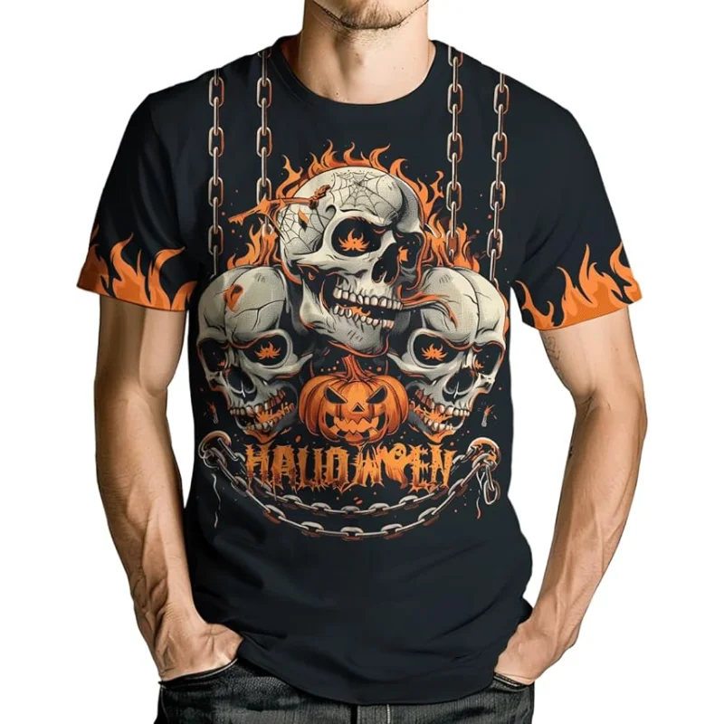 

Halloween Pumpkin Skull Flame Digital Printed Motorcycle Riding Speed Drying Shirt Fashion Men's and Women's Motorcycle T-shirt
