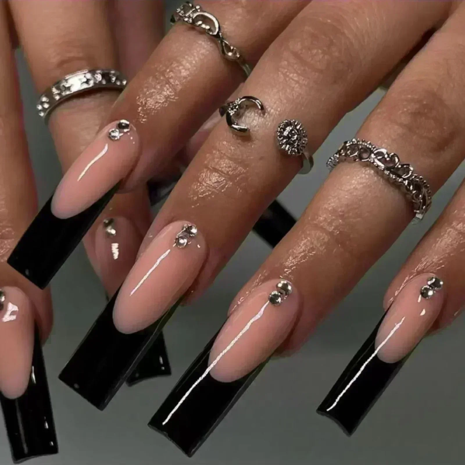 24Pcs Wearable False Nails with Glue Long Ballerina Pink Press on Nails French Full Cover Coffin Fake Nails Tip with Rhinestones