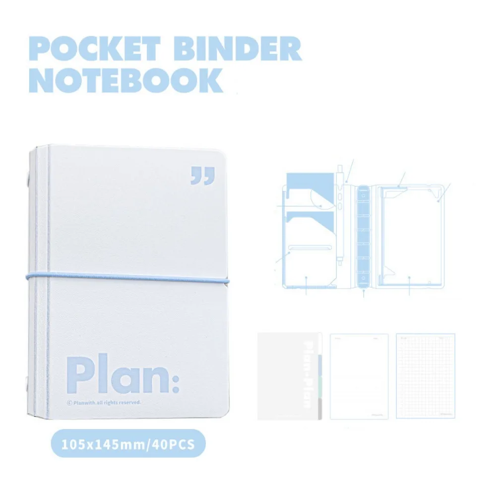 

44 Sheets Mini Pocket Notebook 6 Ring Loose Leaf Waterproof Cover Portable Handbook White Blue Mini Diary Book Stationery