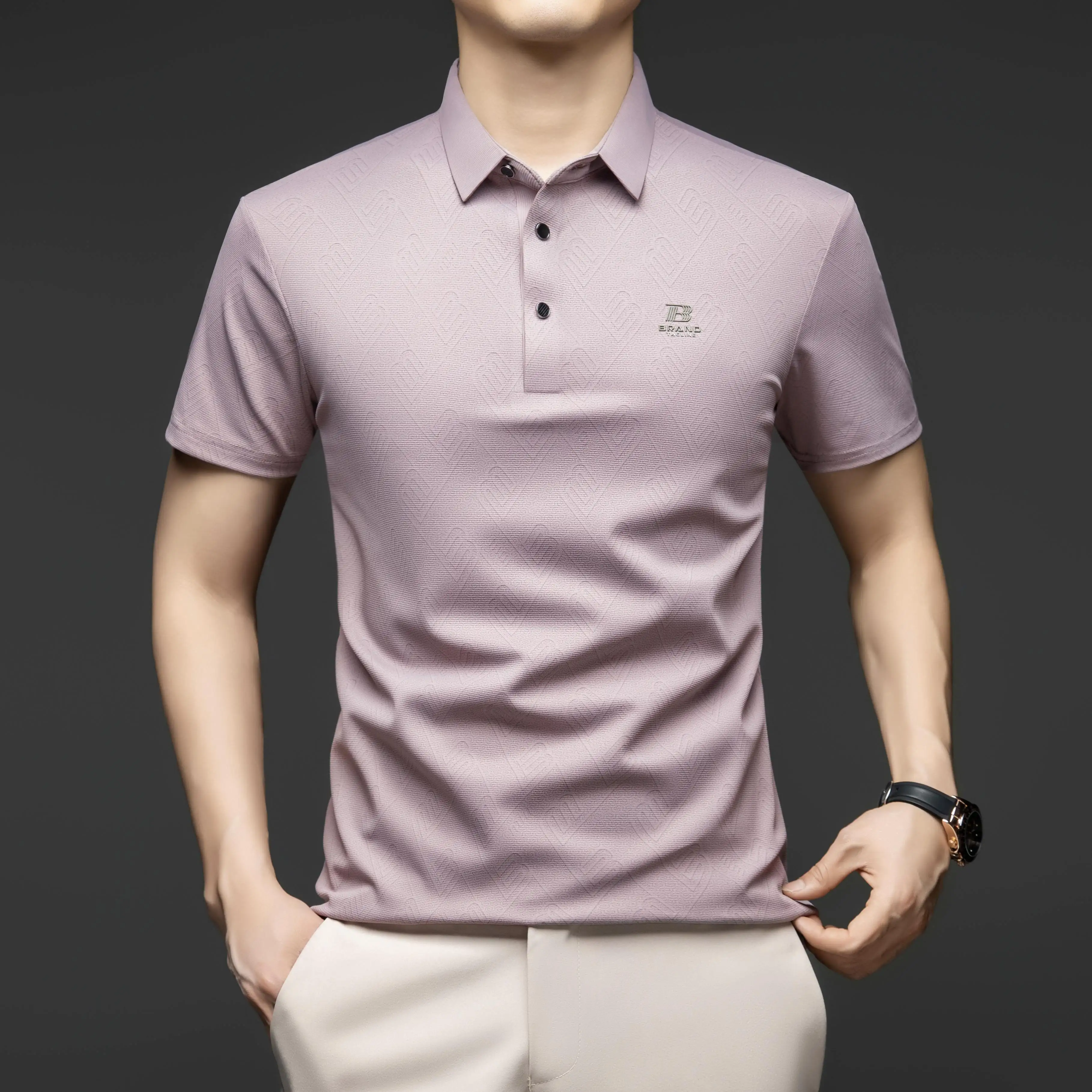 

Легкая роскошная футболка с короткими рукавами, мужская летняя новая стильная рубашка-поло из ледяного шелка с лацканами, футболка с половиной рукавов, широкий наряд для папы