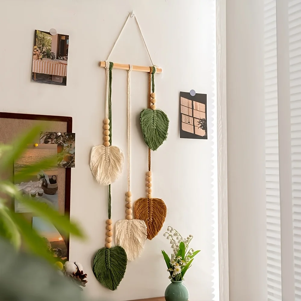 Handmade Woven Leaves Wall Hanging Decor, Macramé Hanging Tapestry for Apartment, Bedroom and Living Room Decoration