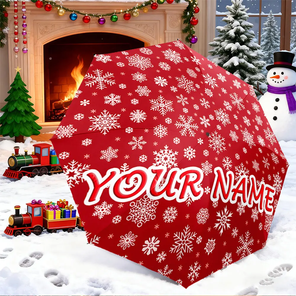 Custom Name Umbrella， Personalized Red Umbrella with Snowflake Pattern Design ,Portable Folding Umbrella, Christmas Gift