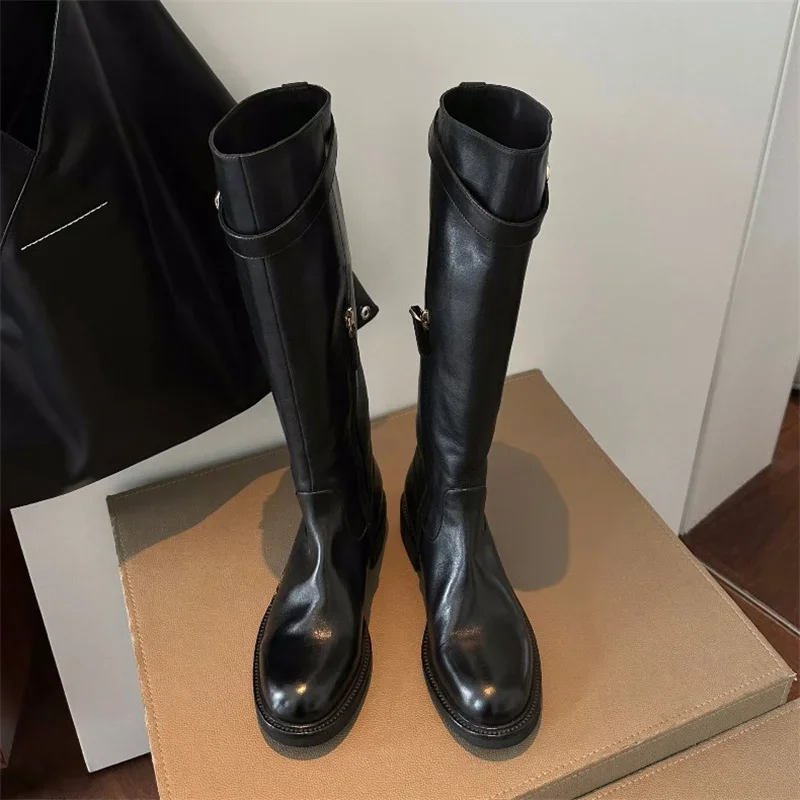 

Black Long Boots Metal Buckle Ladies Shoes Zipper Style Knight Booties Luxury Design Slip On Cozy Botas Mujer Spring Autumn New