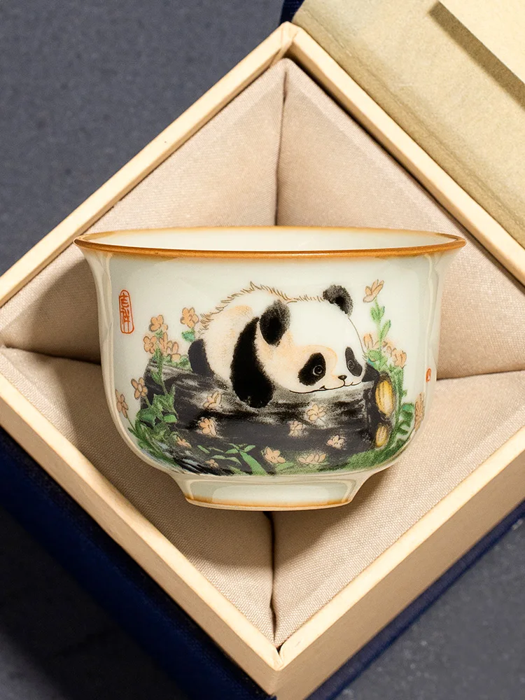 Ceramic Ru Kiln Panda Yuanding Cup Household Teacup Master Cup High-end exquisite tea tasting cup Kung Fu tea set customization