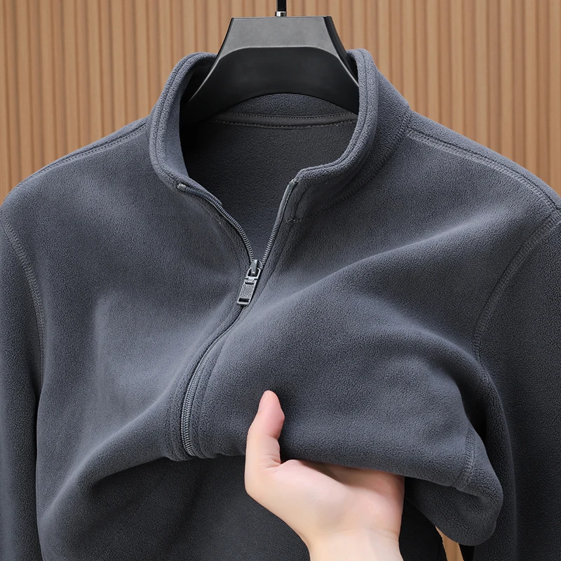 

Fashionable autumn winter new mens stand up collar jacket velvet comfortable warm zipper cardigan top exquisite solid color coat