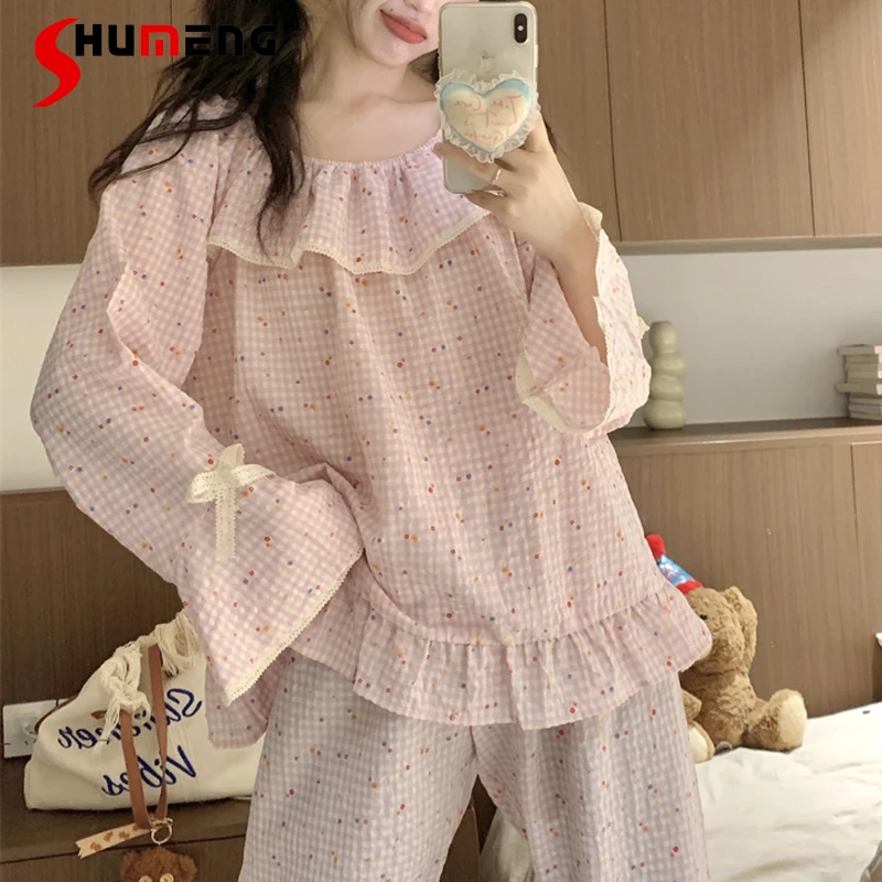 

Women's Spring Autumn Long Sleeve Pajamas Lace Floral Plaid Ruffle Loungewear Female Round Neck Cotton Linen Homewear Set