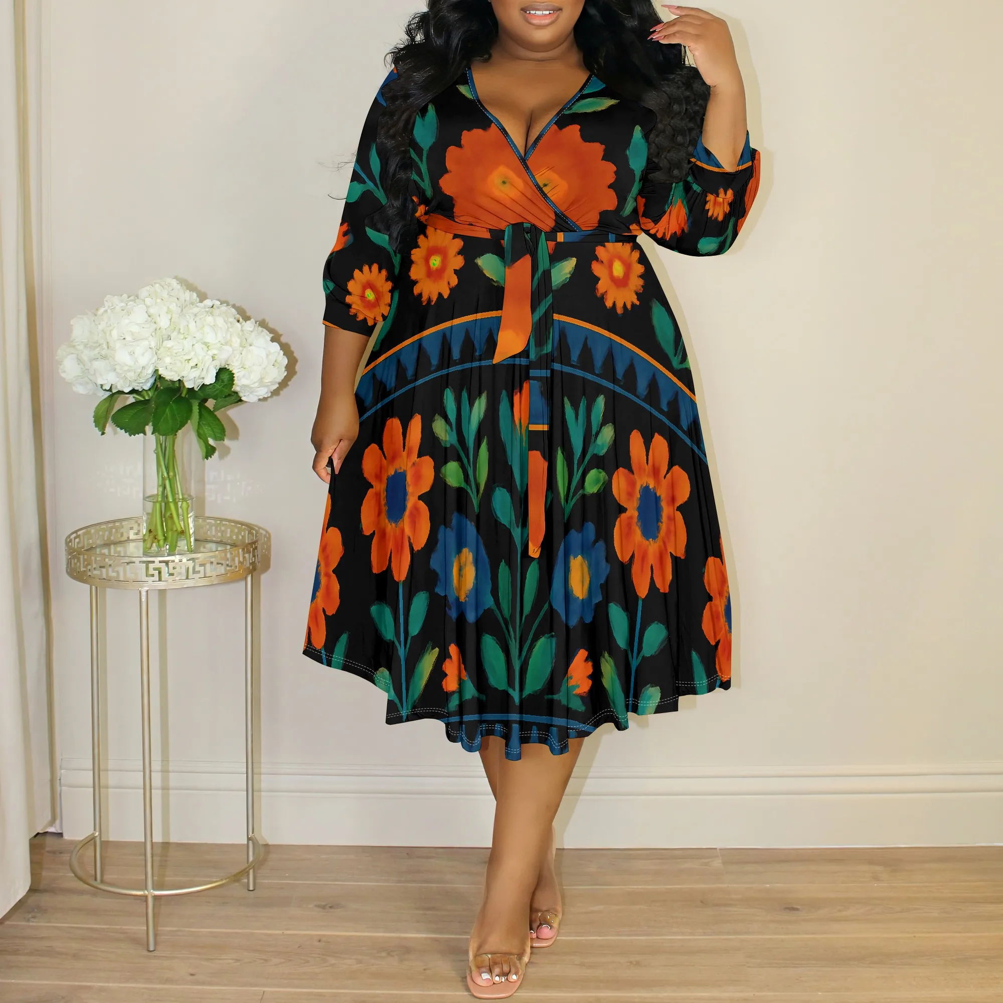 

Boho Floral Plus Size Midi Dress XL-6XL Long Sleeve Black Wrap Dress for Women Fall or Holiday Gathering Look