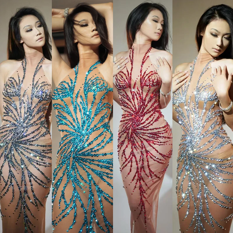 

4 Colors Full Rhinestones Party Evening Dresses Women Singer Gogo Dance Costumes Stage Performance Festival Outfits XS8931