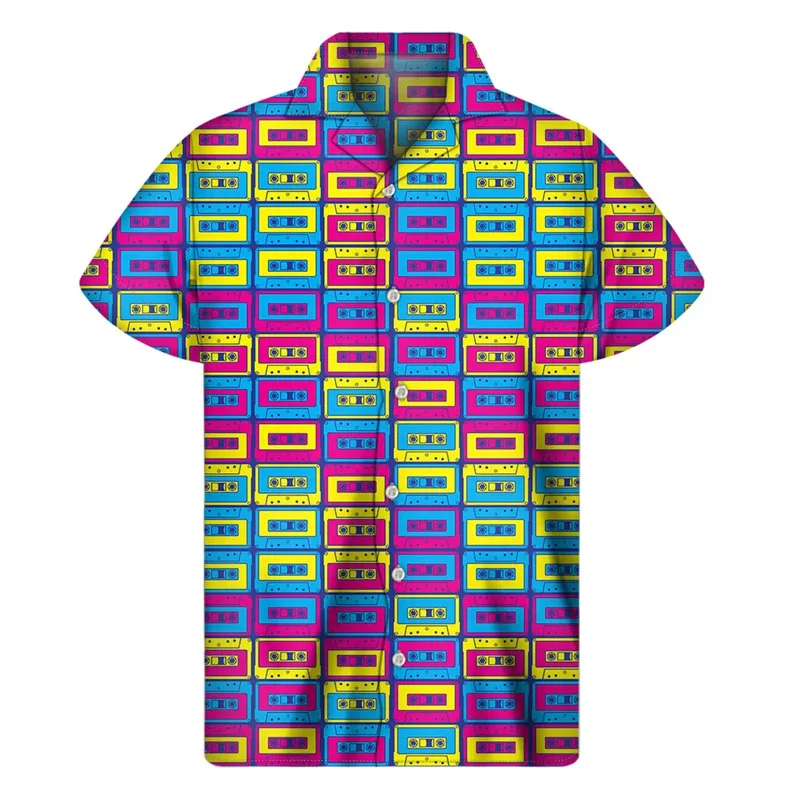 Camisa con estampado 3D de cinta de música Retro para hombres, camisas hawaianas de verano, Tops Y2k, blusa Aloha con solapa de calle, botón de manga corta