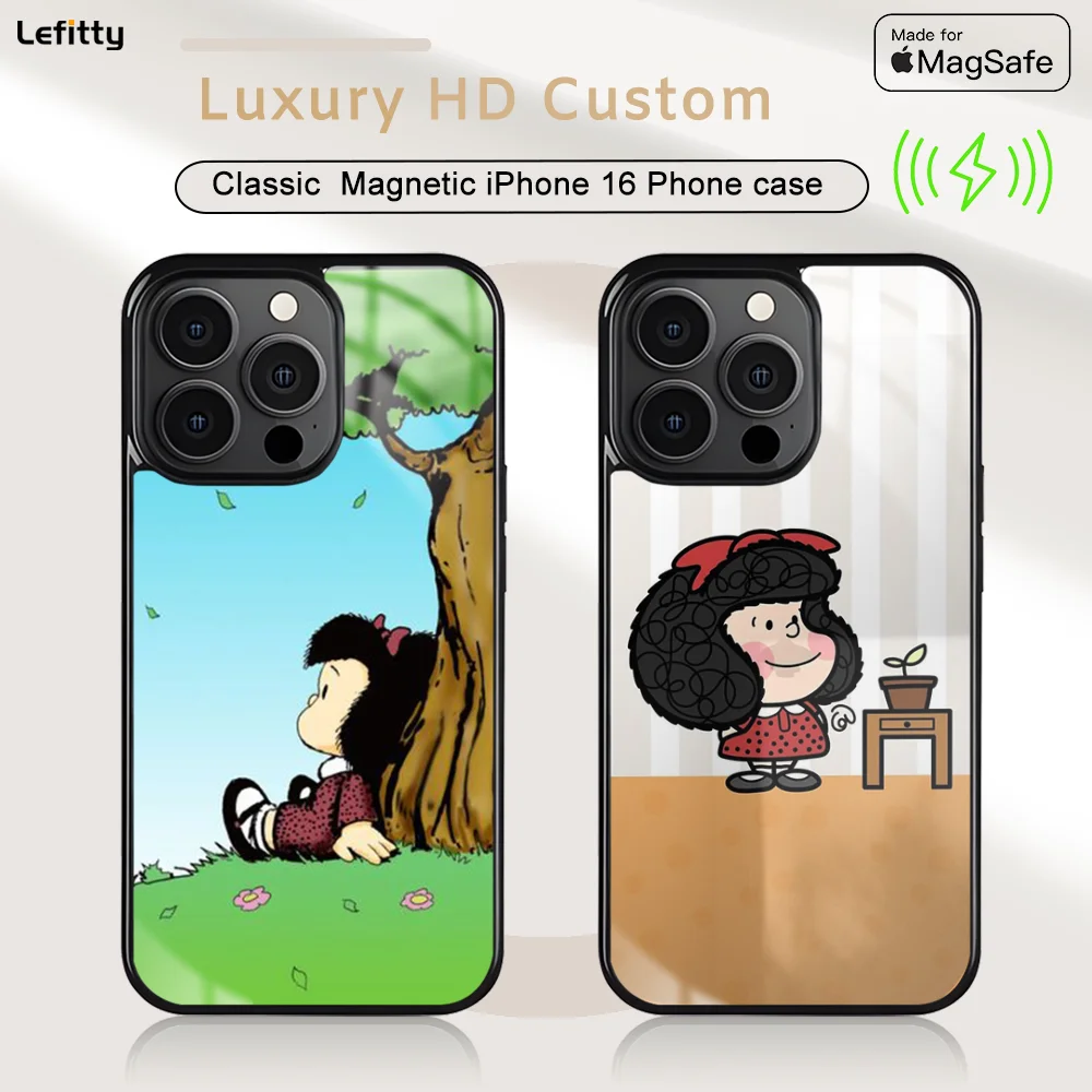 

Cartoon M-Mafalda Girl Phone Case For iPhone 16 15 14 13 12 11 Pro Max Plus Mini Magnetic Magsafe Wireless Charging Cover