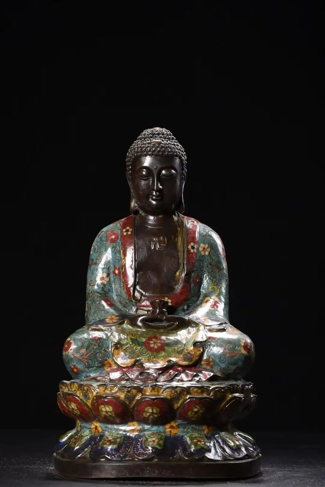 

15"Tibetan Temple Collection Old Bronze Cloisonne Enamel Flower Texture Amitabha Shakyamuni Sitting Buddha Worship Hall