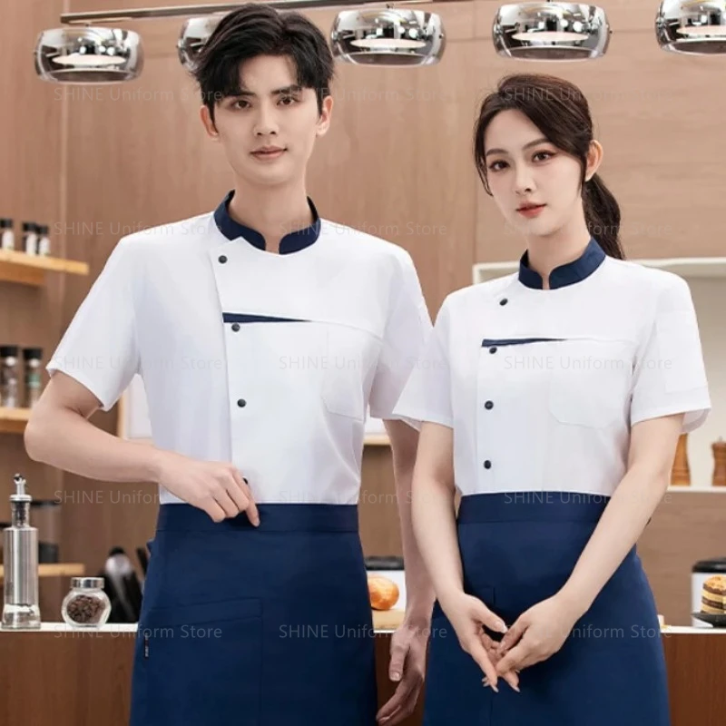 

Мужское пальто шеф-повара для ресторана, кухни, униформа шеф-повара с короткими рукавами, дышащая сетчатая куртка шеф-повара с фартуком, черная женская рабочая одежда с логотипом