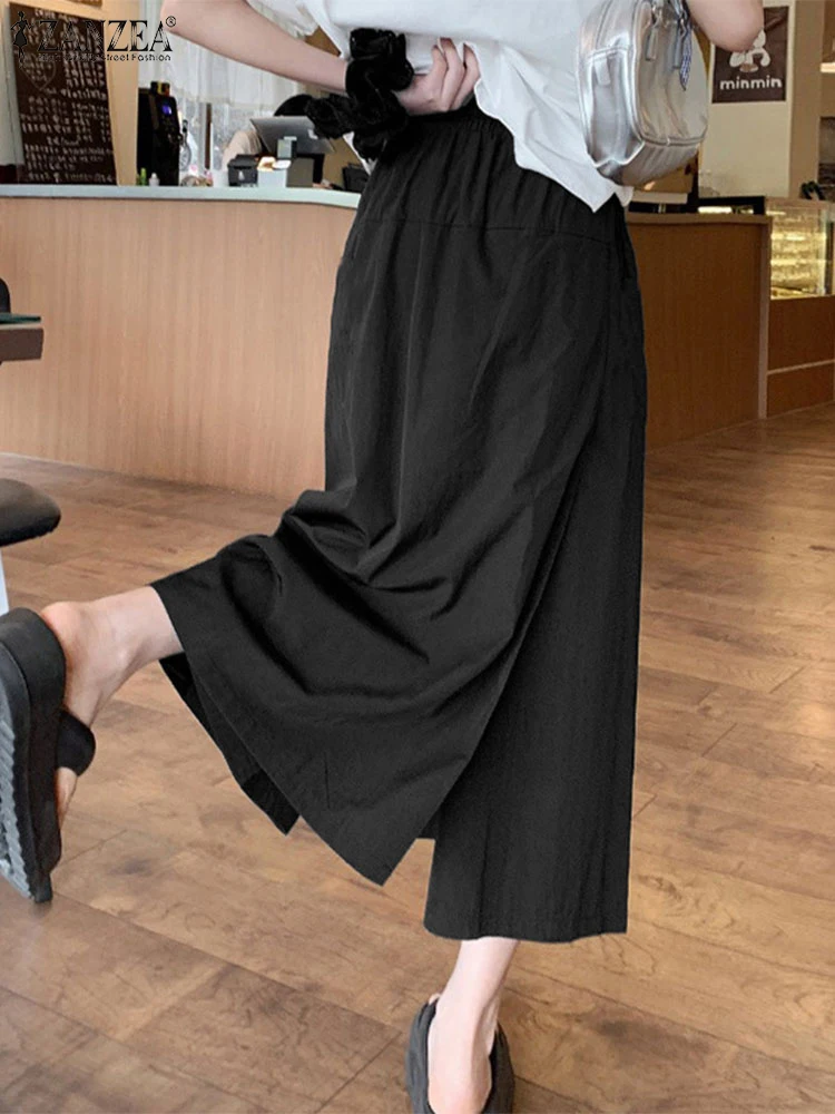 

Women Casual Loose Skirt Pants Summer Wide Leg Trousers 2025 ZANZEA Vintage Solid Elastic Waist Pleated Bottoms Oversized
