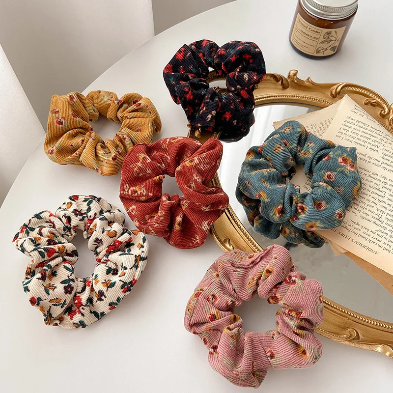 Vintage Corduroy Plaid Floral Printed Hair Ties Scrunchies Women Sweet Flowers Elastic Hair Bands Simple Stripe Hair Accessories