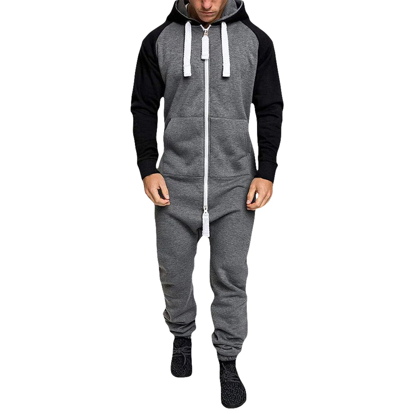 Mens Hooded Jumpsuit Contrast Zipper Front Long Sleeve Full Length Romper with Pockets Winter Fall Clothes