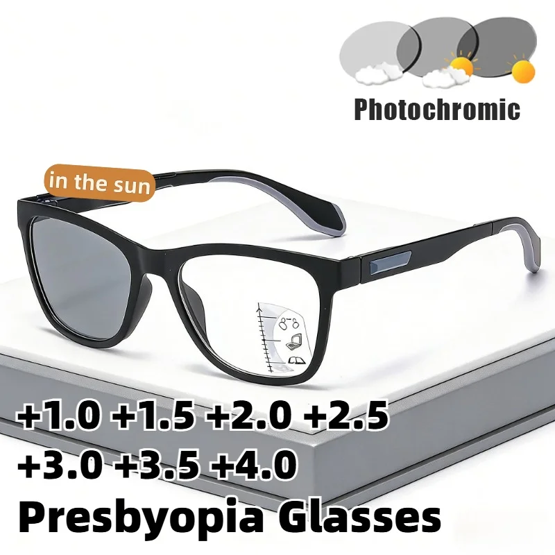 

Fashionable Square-Frame Photochromic Multifocal Presbyopia Glasses High-Definition Anti-Blue Light Reading Eyewear Unisex