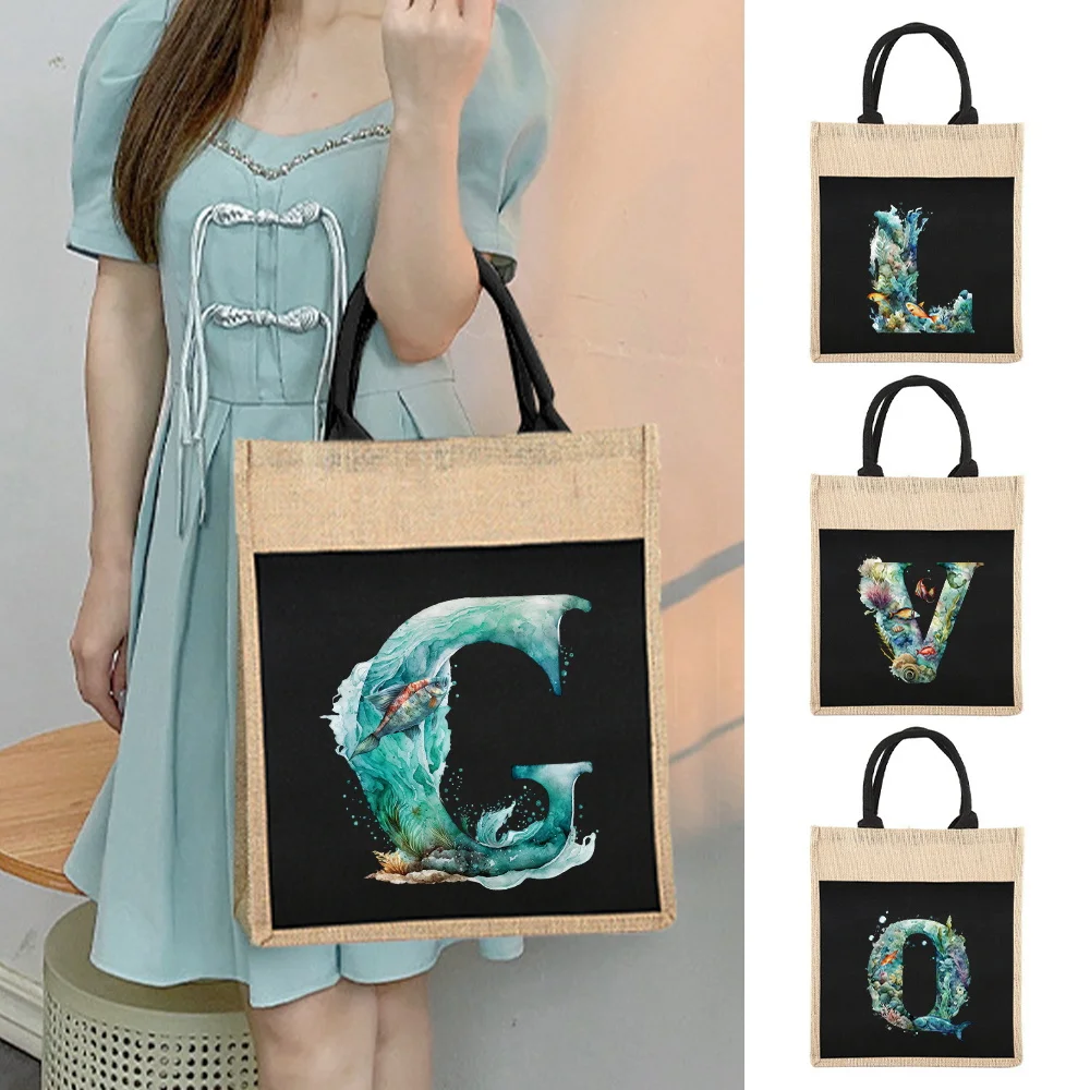 

New Fish Letter Printing Pattern Hemp Bag Designer Handbag Linen Shoulder Bag Jute Imitates Linen Bags Women's Shopping Bag