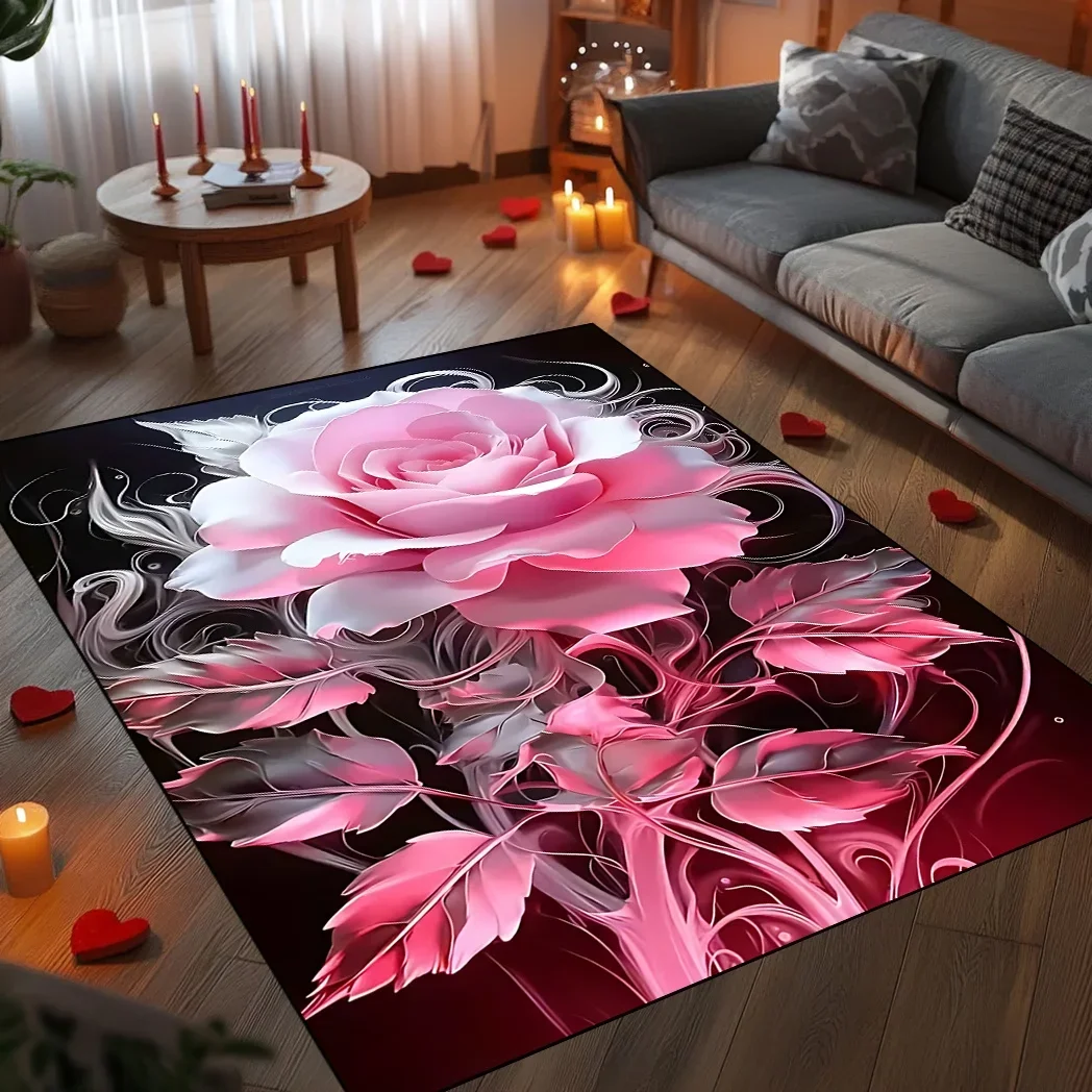 Elengant Area Rugs Floor Carpet Mat Pink Rose Pattern Non Slip Soft Print Floor Mat for Living Room Bedroom Kitchen Home Decor
