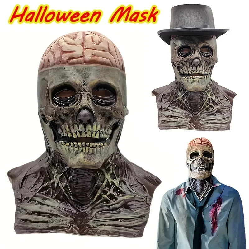 Halloween Horror Full Head Skull Mask, Halloween Head Wear A Hat Skull Mask Movable Jaw Creepy Scary Full Head Skeleton Headgear