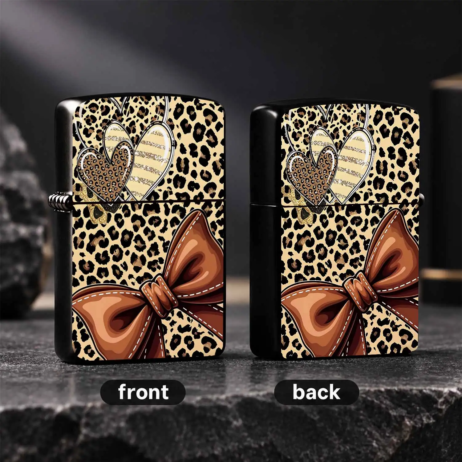 Trendy Leopard Print Decorative Lighter, Adorable Brown Bow With Stitched Detail And Stacked Glitter Heart Accents, Chic Stylish Accessory For Daily Use, Gatherings And All Occasions, Thoughtful Unique Gift Choice For Y A Humorous And Inter